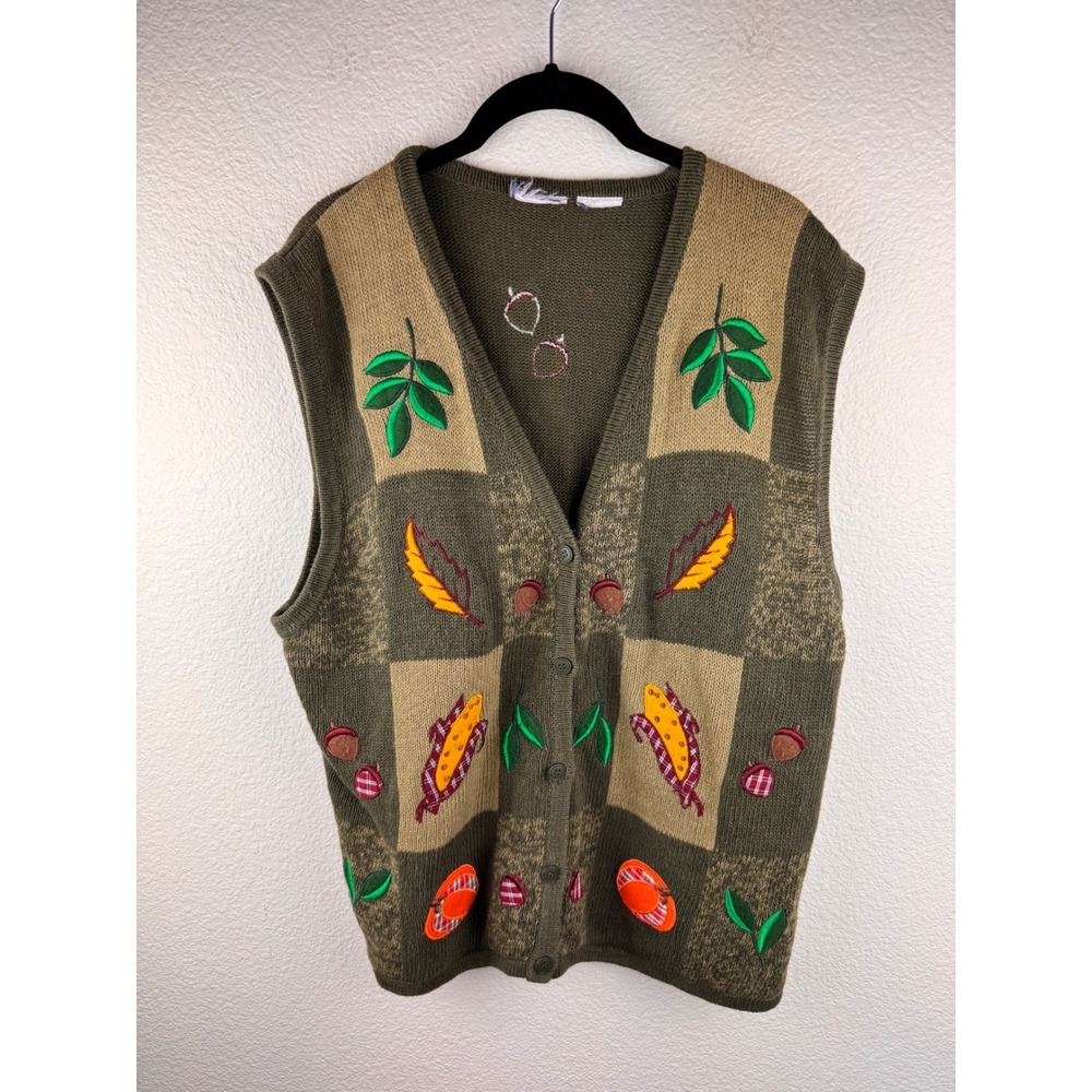 Vintage‎ Autumn Vest Womens Green Acorn Leaf Embroidered Patchwork Knit Cardigan